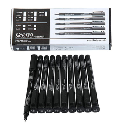 Brustro Professional Pigment Based Fineliner Black | Set of 10| Tip Size 0.03, 0.05, 0.1, 0.2, 0.3, 0.4, 0.5, 0.6, 0.8 and 1mm |Archival Waterproof UV Resistant Ink|Ideal For Technical Drawing,Waterproof,Artist Illustration,Sketching,Mandala