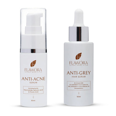 Flawora Anti-Grey Hair Serum For Reversing Grey Hair and Anti Acne Serum to reduce Blackheads and Open Pores
