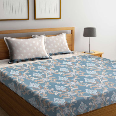 Arrabi Beige & Blue Floral 300 TC Super King Bedsheet With 2 Pillow Covers