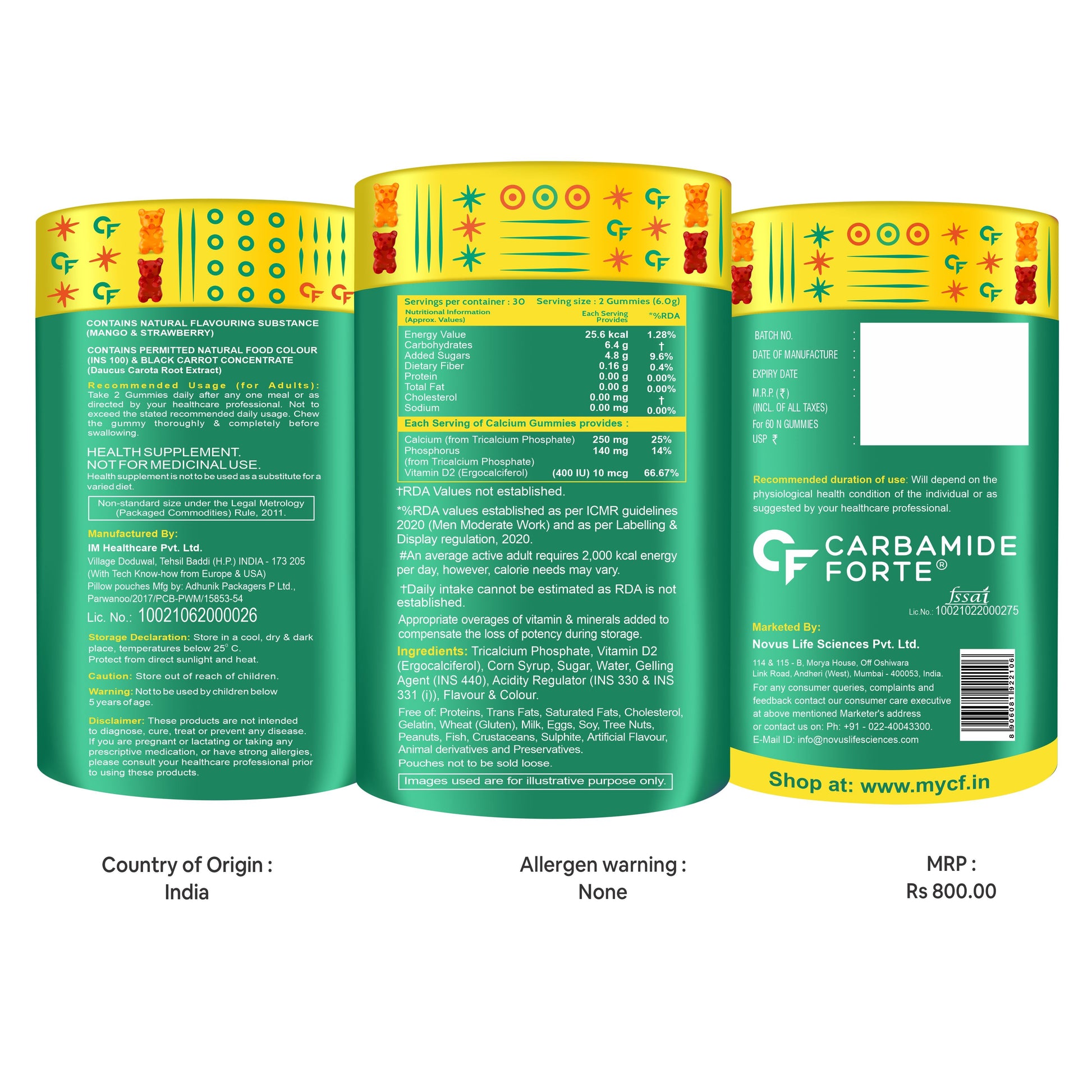 Carbamide Forte Calcium with Vitamin D Gummies for Men & Women| Calcium Gummies for Women & Men for Stronger Bones, Joints & Teeth & Immunity - Mango & Strawberry Flavour - 60 Veg Gummies