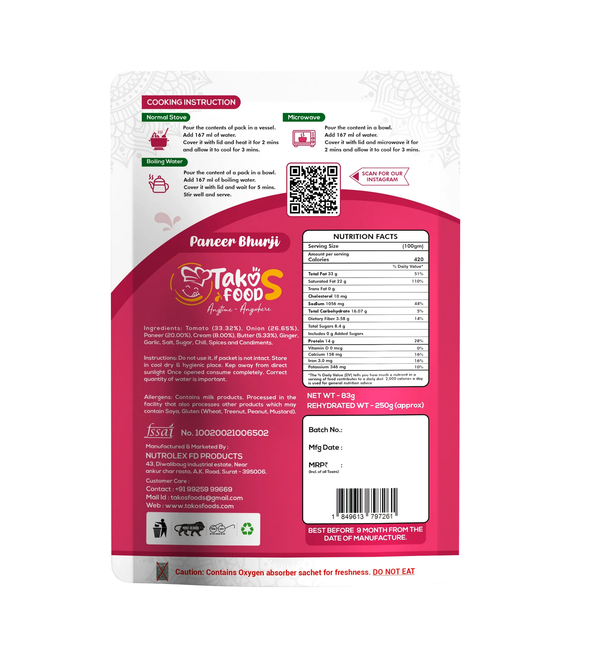 Takos Food Paneer Bhurji | Ready To Eat 250 gms