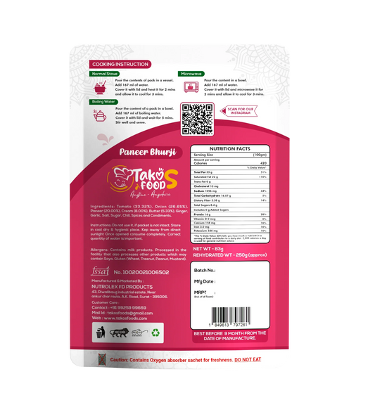 Takos Food Paneer Bhurji | Ready To Eat 250 gms