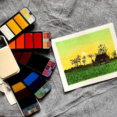 BRUSTRO Artists Watercolour Paint Pan Set of 25 with Artists Watercolour Paper 300 GSM, 25% Cotton, Color, Cold Pressed, A4 (Pack of 12), A3 (Pack of 6) & A5 (Pack of 24)