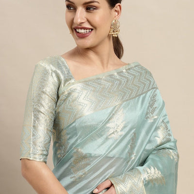 Blue & Gold-Toned Ethnic Motifs Zari Organza Kanjeevaram Saree