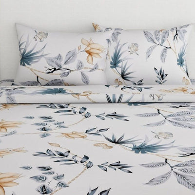 haus & kinder White & Grey Floral 186 TC Pure Cotton King Bedsheet & 2 Pillow Covers
