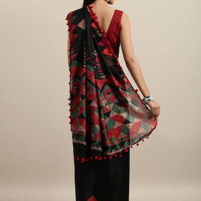 Black & Red Polycotton Printed Saree