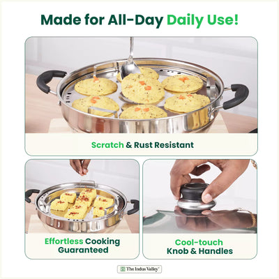 7 Pit Tri-Steel Premium Stainless Steel Idli/ Dhokla/ Momo Maker/ Multi Pot/ Veg Steaming Set, Tri-ply Induction Bottom, 5 Plates, 4.2L, 2.5kg