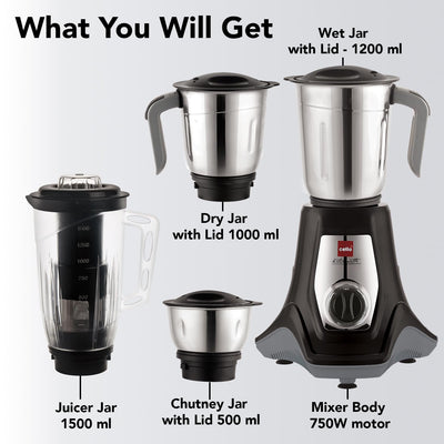 Cello Hercules Mixer Grinder 750W, Black- 2 Year Warranty (Wet Jar with Lid- 1.2 L; Dry Jar with Lid- 1L; Chutney Jar with Lid- 500ml; Juicer Jar Capacity- 1500ml; Spatula)