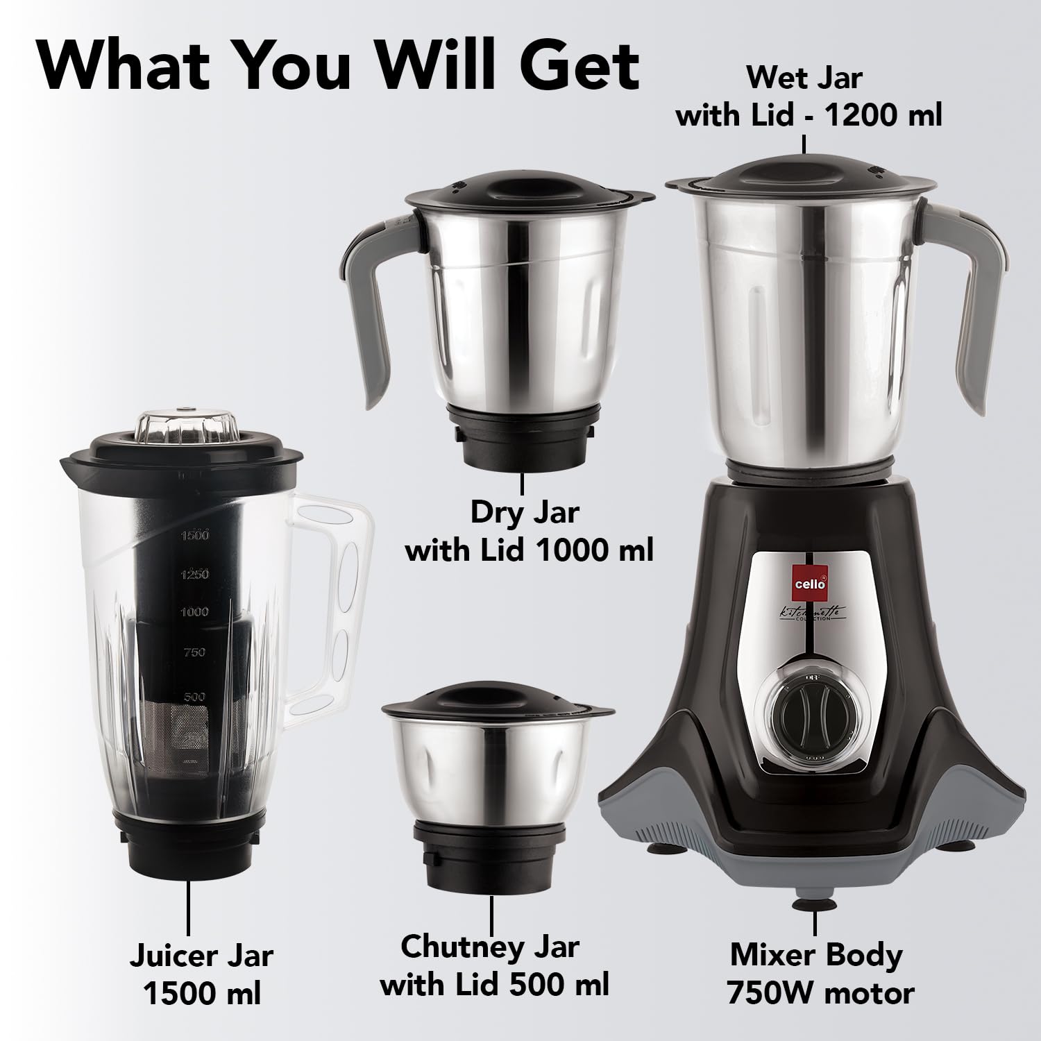 Cello Hercules Mixer Grinder 750W, Black- 2 Year Warranty (Wet Jar with Lid- 1.2 L; Dry Jar with Lid- 1L; Chutney Jar with Lid- 500ml; Juicer Jar Capacity- 1500ml; Spatula)