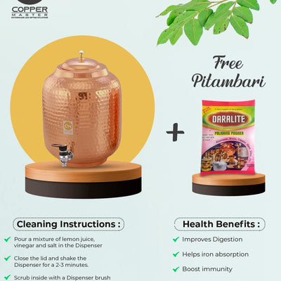 Copper-Master 5 Litre Pure Copper Hammered Water Dispenser (Matka) Container Pot with 2 Pure Copper Glasses Pure Copper and Ayurvedic Health Benefits (5000 ml + 600 ml)
