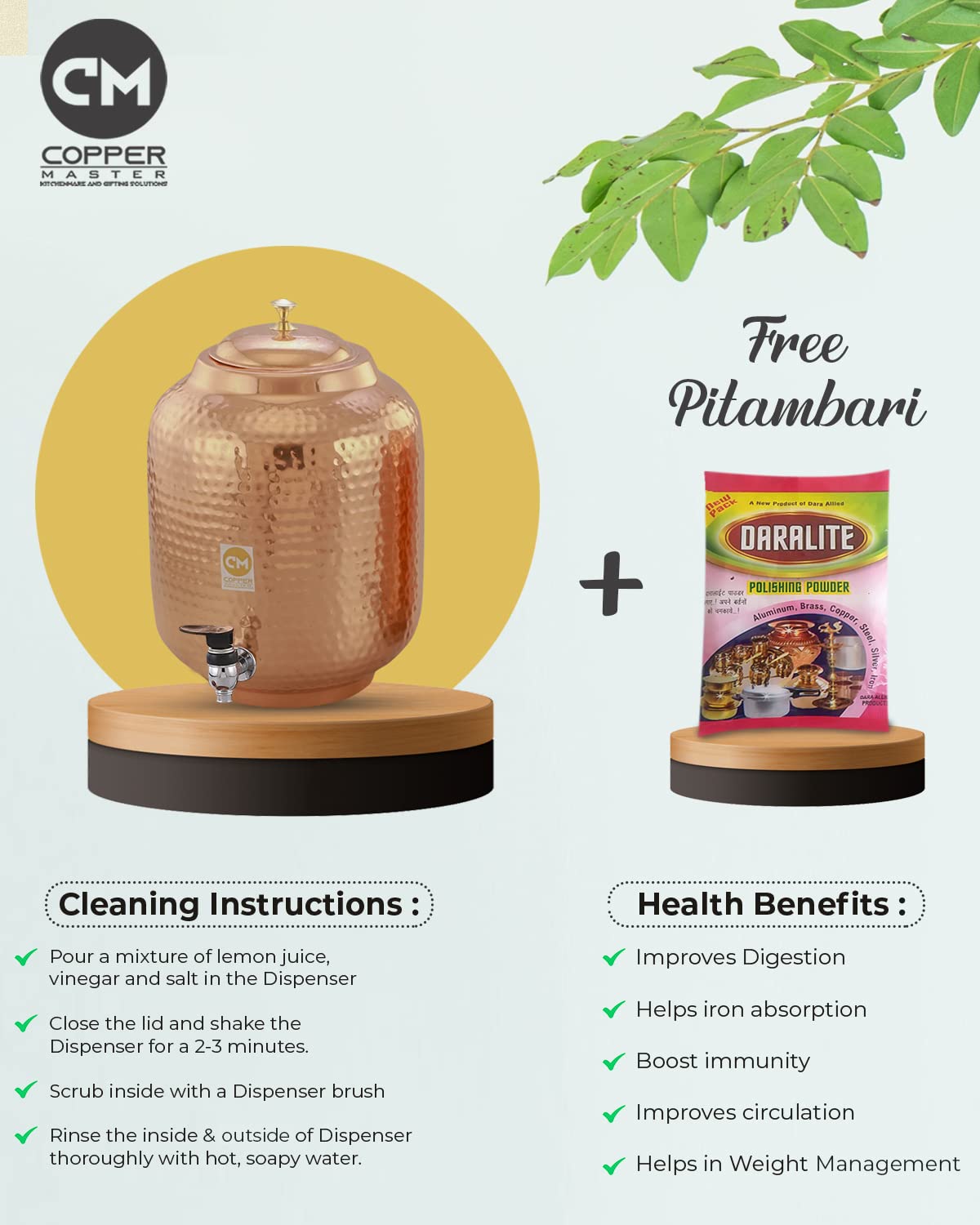 Copper-Master 5 Litre Pure Copper Hammered Water Dispenser (Matka) Container Pot with 2 Pure Copper Glasses Pure Copper and Ayurvedic Health Benefits (5000 ml + 600 ml)