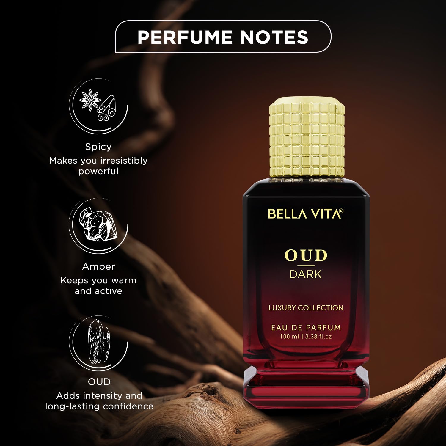 Bella Vita Luxury OUD DARK Eau De Parfum Perfume with Grapefruit, Vetiver,Orris,Dark Wood|Premium, Long Lasting Smokey & Woody Fragrance for Men 100ML