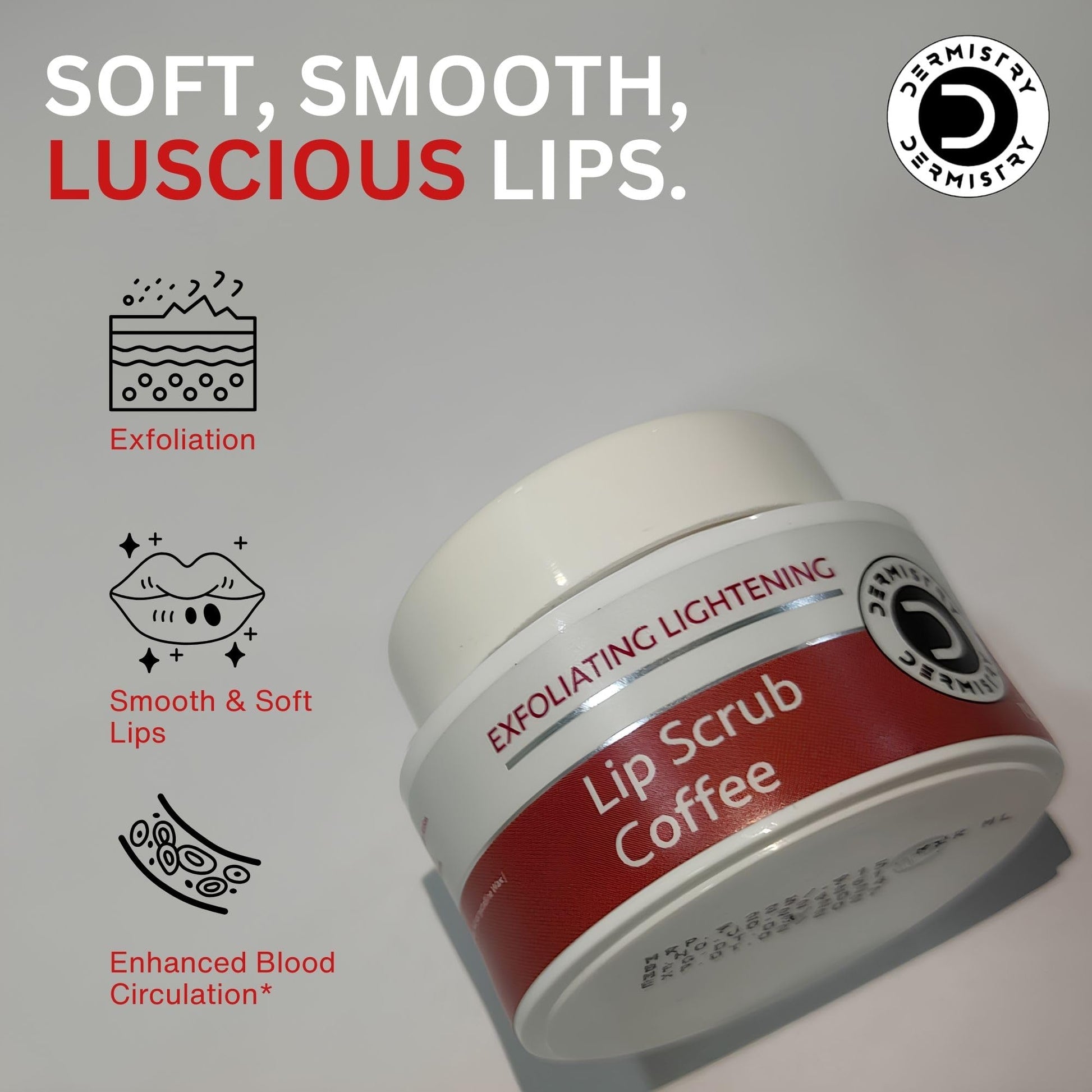 Dermistry Exfoliating Lightening Coffee Sugar Lip Scrub for Reduction of Dark Smoker Pigmentation & Healing Dry Chapped Lips, Shea Butter, Olive Oil, Coconut Oil, Brightening Men Women - 15 ml