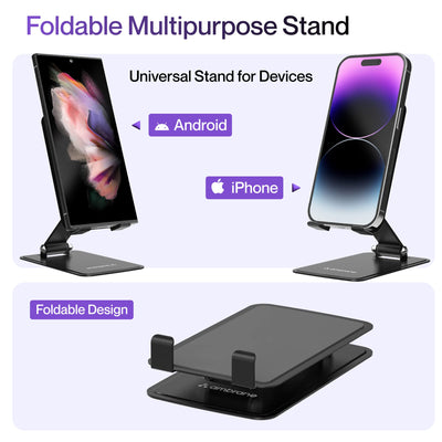Ambrane Metallic Mobile Holder for All Smartphones, Tabs, Kindle, iPad Mobile Holding Tabletop Stand, 180 Perfect View, Height Adjustment, Foldable Design (Twistand Pro, Black)