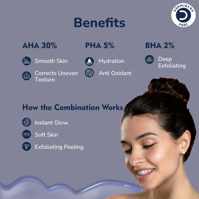 Dermistry Pure 30% AHA + 5% PHA + 2% BHA Skin Lightening Brightening Instant Glowing Smooth Peeling Exfoliating Solution Face Serum For Instant Glow 30ml