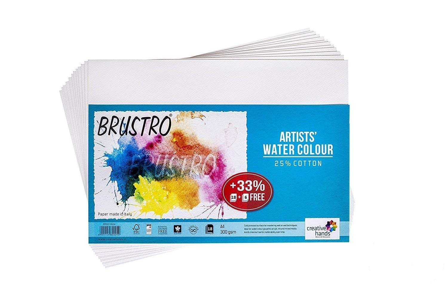 Brustro Artists' Watercolour Paper 300 GSM A4 - 25%cotton, Cold Pressed , Contains 18 + 6 Sheets Free