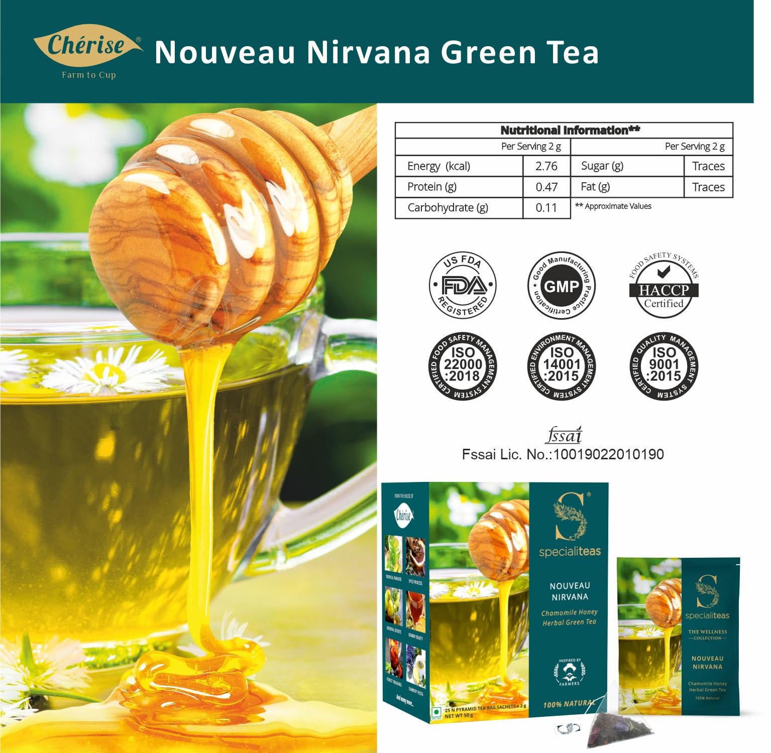 Cherise Specialiteas Nouveau Nirvana Chamomile Honey Herbal Green Tea (2 g x 25 Pyramid Tea Bags)