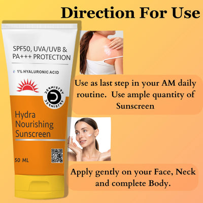 Dermistry 1% Hyaluronic Sunscreen Aqua Gel SPF 50 PA++++ For Oily, Dry, Acne-prone Skin, Ultra Lightweight Texture, Non-Greasy, No White Cast, Broad Spectrum Protection - 50g