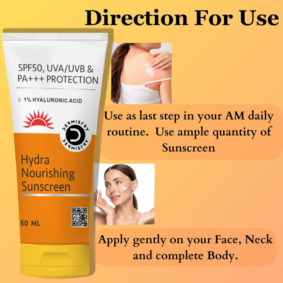 Dermistry 1% Hyaluronic Sunscreen Aqua Gel SPF 50 PA++++ For Oily, Dry, Acne-prone Skin, Ultra Lightweight Texture, Non-Greasy, No White Cast, Broad Spectrum Protection - 50g