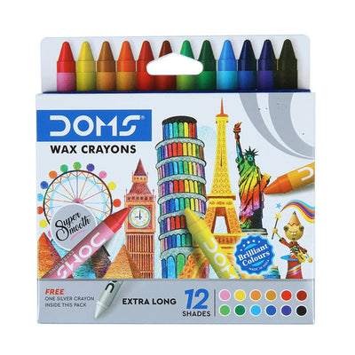 Doms Non-Toxic Extra Long Wax Crayon Set In Cardboard Box - 12 Assorted Shades
