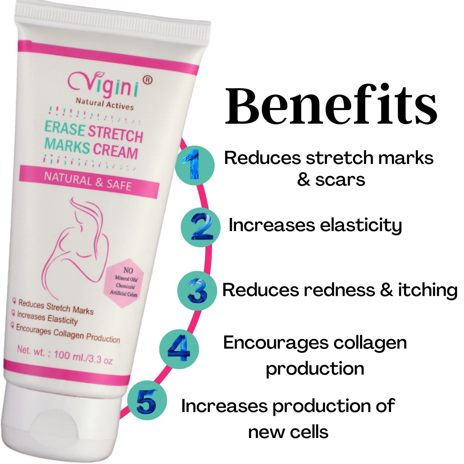 Vigini 100% Natural Actives Stretch Marks Cream for Body & Pre-Post Pregnancy, Remove Hyperpigmentation, Anti-Cellulite, Remove Scars - 100ml