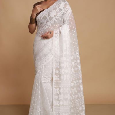 BENGAL HANDLOOM Women'S Cotton Silk Dhakai Softs Vojadi Dhakai Jamdani Sarees (Wite White)
