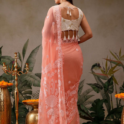 Ada Latest Chikan Peach Georgette Fancy Saree Blouse With Designer Embroidered Motifs A130092