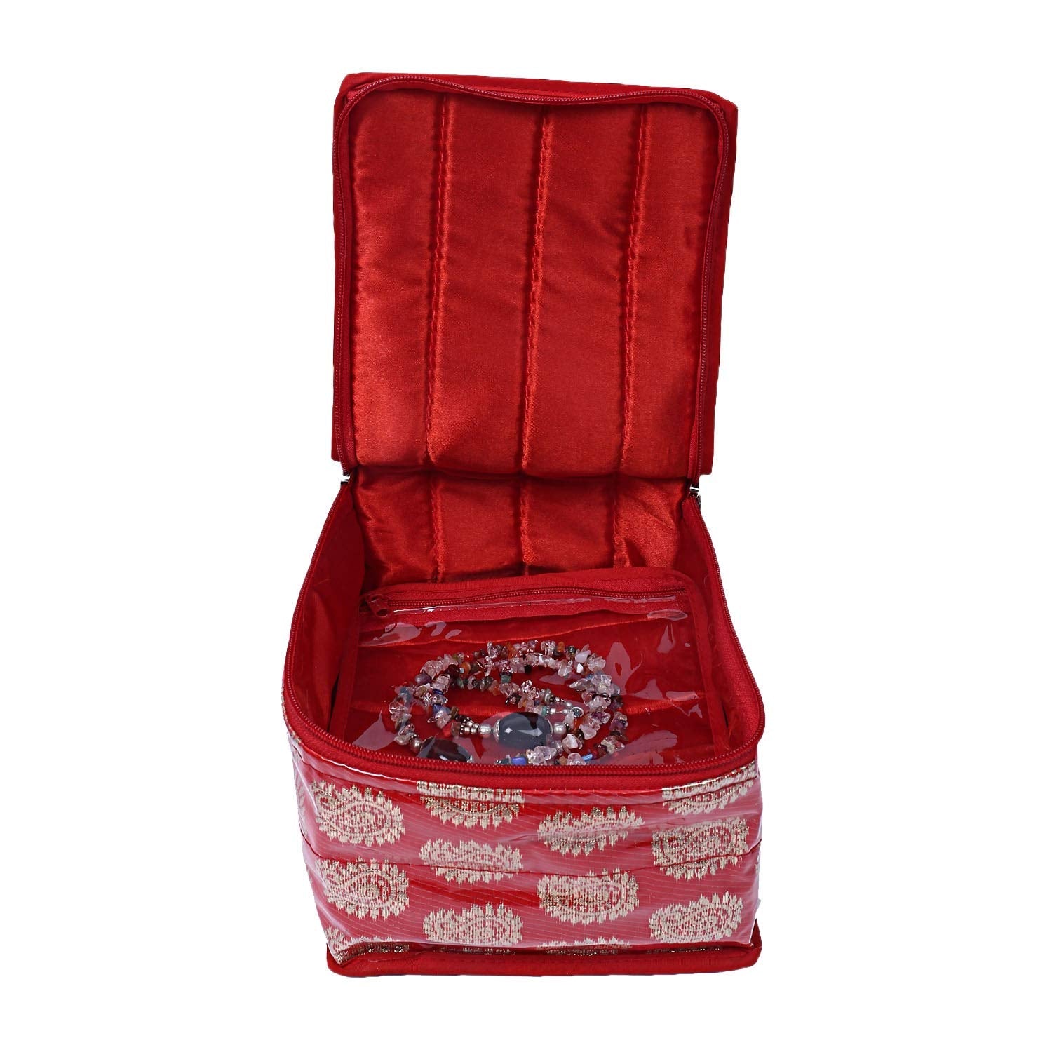 Brocade Jewellery Box/Organizer with 10 Pouch - Red-CTKTC21465