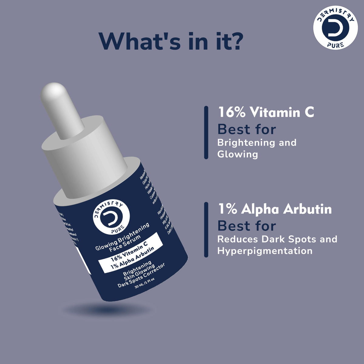 Dermistry 16% Vitamin C 1% Alpha Arbutin Skin Lightening Brightening Instant Glowing Fairness Face Serum Removes Pigmentation Dull Skin Dark Spots Corrects Radiance Sun Damage Repair 30 ml