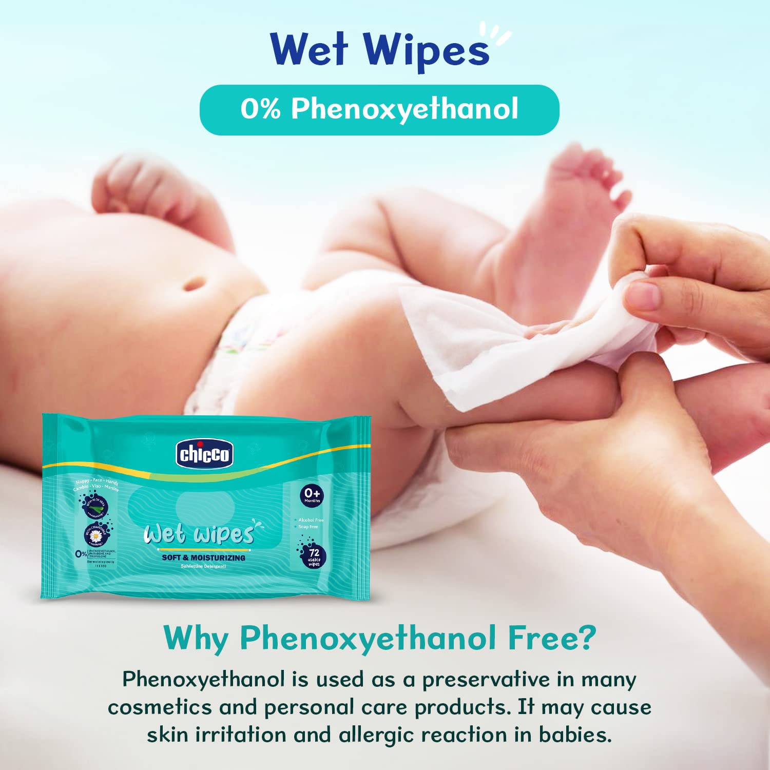 Chicco Soft Cleansing Wet Baby Wipes, Ideal for Nappy, Face and Hand, Dermatologically Tested, Paraben Free, Sticker Pack of 6 (72 Sheets per Pack) 432 pcs