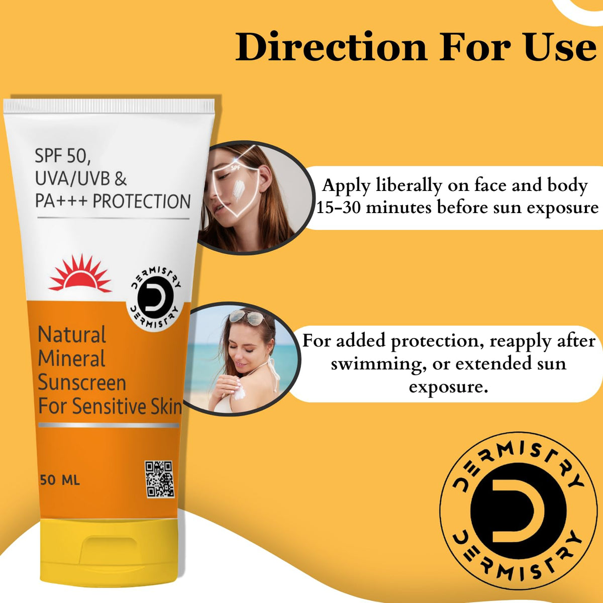Dermistry Natural Mineral Based Oil Free Pollution Protect Water Based Sunscreen SPF 50 For Sensitive Skin, UVA UVB PA+++ Protection Water Resistant Men Women Children & Kids - 50ml