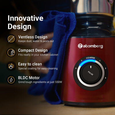 Atomberg Zenova Mixer Grinder with Unique Coarse Mode | Advanced Safety Features | 4 Jars including Chopper Jar with Hands Free Operation (Red Wine)