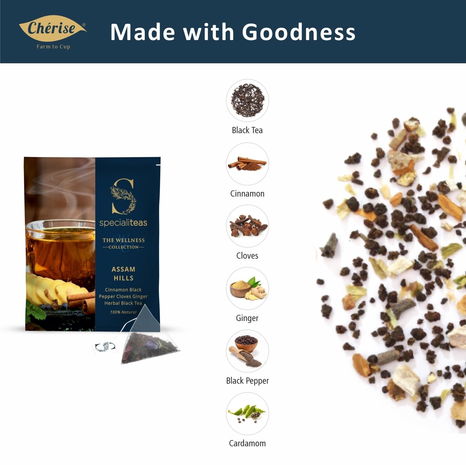 Cherise Specialiteas Assam Hills Cinnamon Black Pepper Cloves Ginger Herbal Black Tea (2 g x 25 Pyramid Tea Bags)