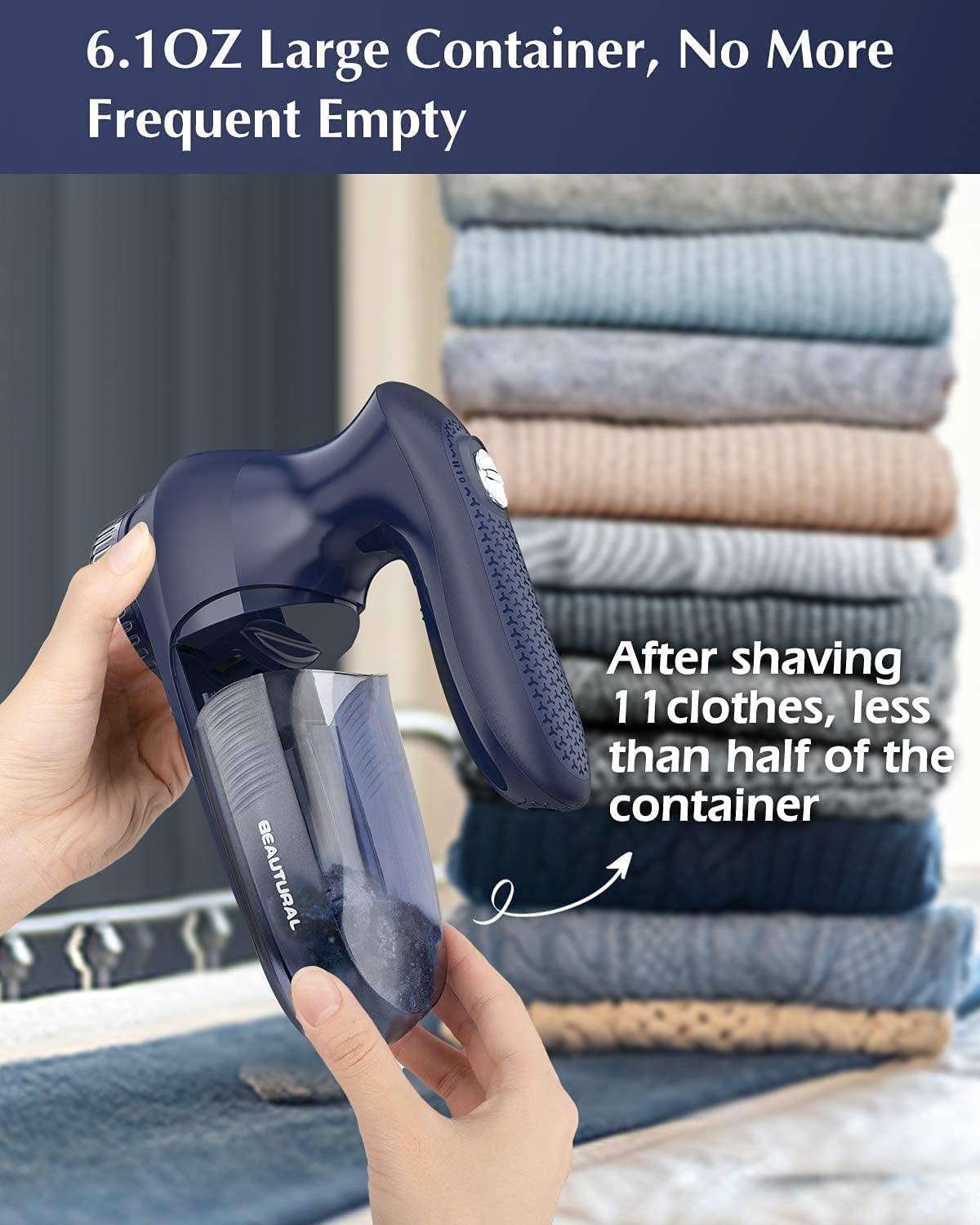 BEAUTURAL Sweater Fabric Shaver Home-Edition, Powerful & Efficient Lint Remover for Clothes and Furniture, AC Adapter or Battery Powered Pill Fuzz Remover Dark Blue