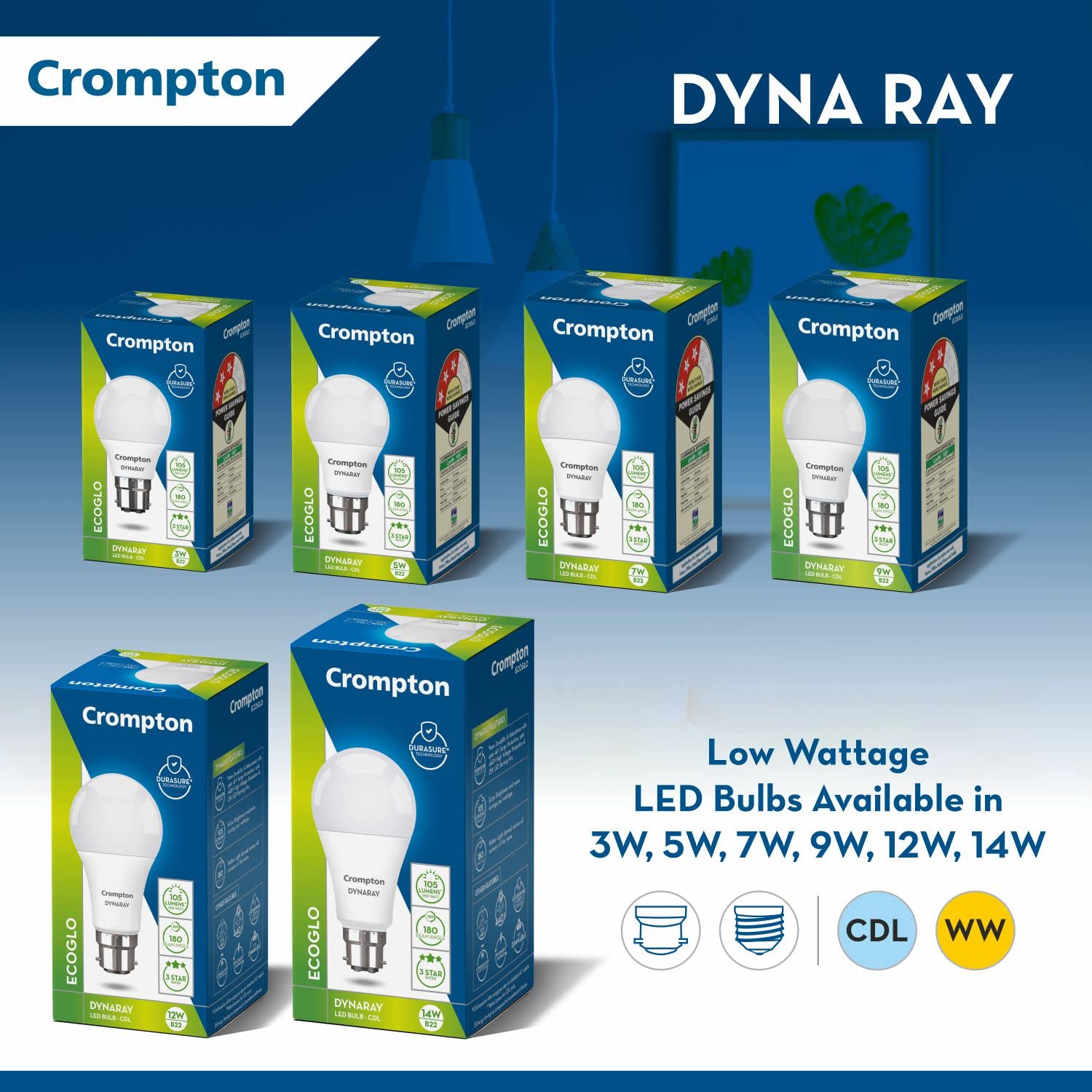 Crompton Dyna Ray 9W Round B22 LED Cool Day Light Pack of 2