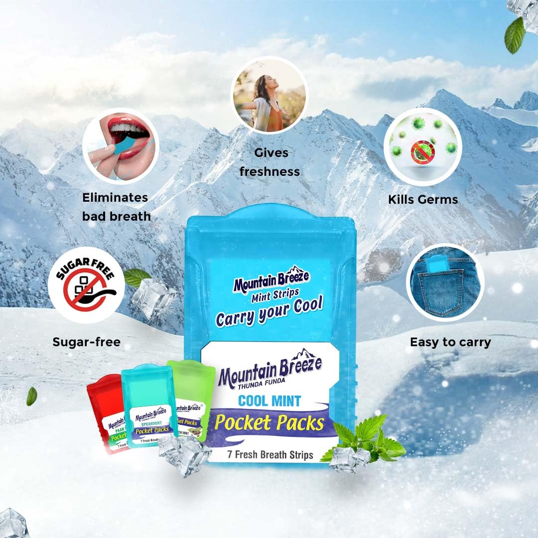 Mountain Breeze Mouth Freshner Sugar-Free Coolmint Fresh Breath Strips (7Strips each) Pack of 20 with Extra Spearmint(24 Strips each) Pack of 1