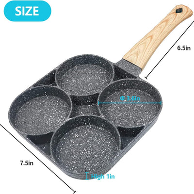Cannagenix 4 Cups Egg Pan Omelette Pan Frying Pan Egg Frying Pan 4 Cup Crepe Pan Granite Egg Cooker Breakfast Pancakes Pan Suitable for Gas Stove & Induction Cookware (Wood Grain Handle)