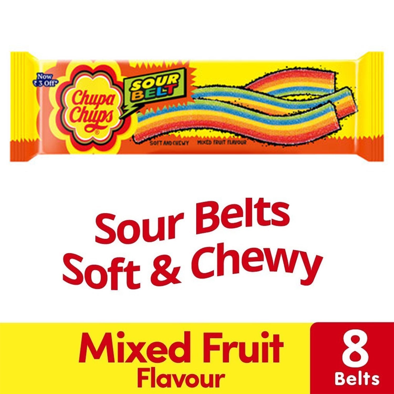 Chupa Chups Sour Belts Chewy Toffee, Mixed Fruit Flavour, 691.2g (12 Units X 57.6g Each) - (Set of 12 Packs)