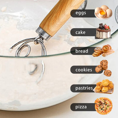 (More Efficient) TeeVea Danish Dough Whisk Stainless Steel Dutch Style Bread Dough Hand Mixer Blender Wooden Handle Kitchen Baking Tools Artisian Blender