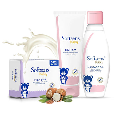 Softsens Baby Skin Hydrating Essential Kit - Milk Bar Soap(100gx3), Natural Cream(100g) & Massage Oil (200ml)