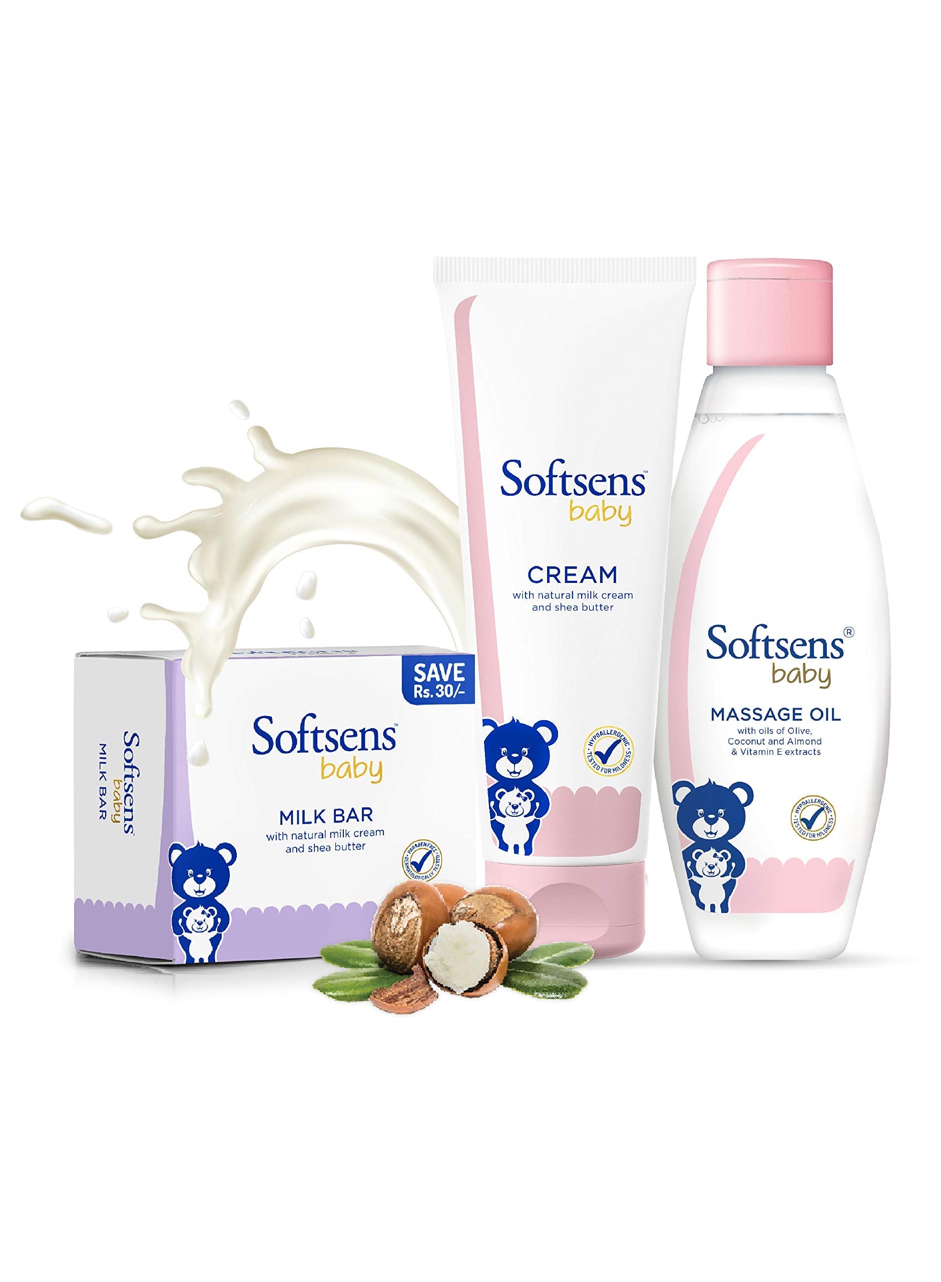 Softsens Baby Skin Hydrating Essential Kit - Milk Bar Soap(100gx3), Natural Cream(100g) & Massage Oil (200ml)