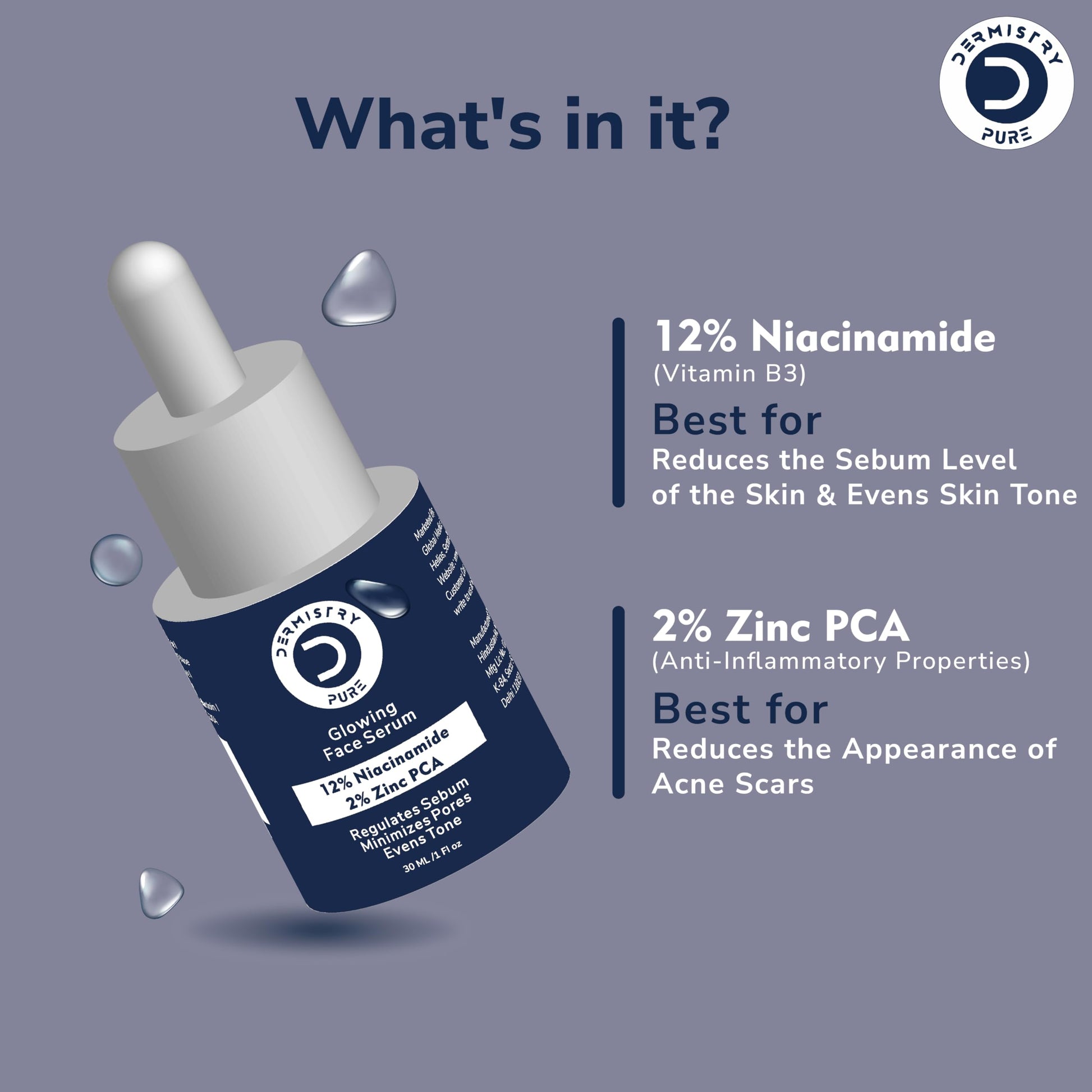 Dermistry Pure 12% Niacinamide 2% Zinc Face Serum Controls Oil Blemishes Minimizes Pores Evens Tone, Removes Dark Spots Acne Marks Scars & Pimples,Skin Lightening Brightening Glowing UV Protection 30ml