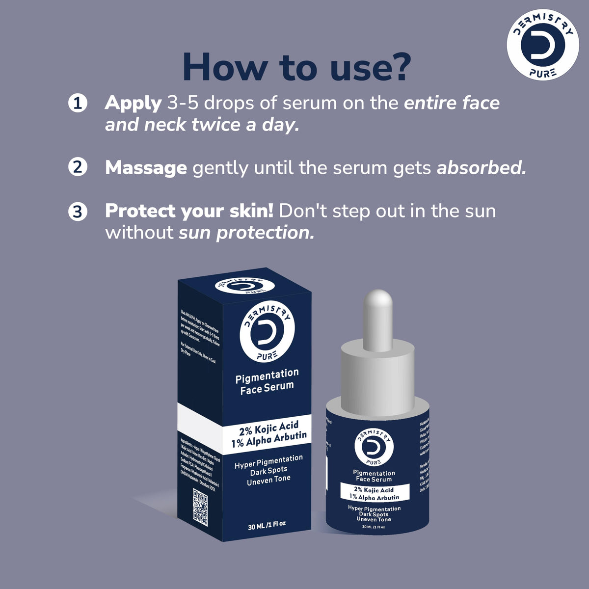 Dermistry Pure 2% Kojic Acid 1% Alpha Arbutin Skin Glowing Lightening Fairness Face Serum Removes Uneven Tone Dark Spots Pigmentation Tan & Dull Skin Suits All Skin Types 30ml