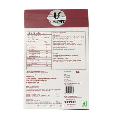 UNIFIT Instant Delicious Cranberry Oats Healthy Breakfast With Goodness of Rolled Oats Nuts, Seeds & Cranberry| High Fiber Oats| Wholegrain - Pack of 2 (250 Grams) Each