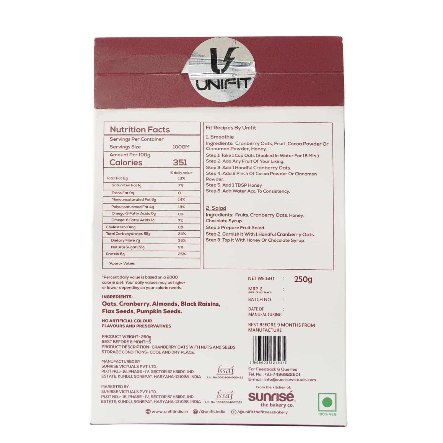 UNIFIT Instant Delicious Cranberry Oats Healthy Breakfast With Goodness of Rolled Oats Nuts, Seeds & Cranberry| High Fiber Oats| Wholegrain - Pack of 2 (250 Grams) Each
