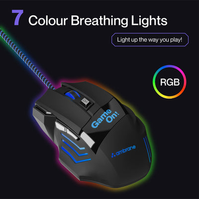 Ambrane Trone Wired Gaming Mouse with 7 Programmable Buttons, 3-Speed Customizable 3600 DPI, Comfortable Grip, Breathing LED Lighting, Fast Response Time, 1.5m Long USB Cable, Lightweight (Black)