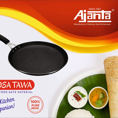 AJANTA Iron DOSA TAWA (11 inch, 3 MM Thickness) for Dosa/Roti/chapati| Gas and Induction Friendly | Non Toxic | Naturally Nonstick| Pure Iron Cookware