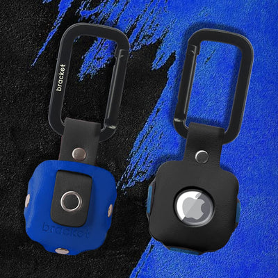 Airtag Premium Leather Key Ring Holder Case Cover Compatible with Apple Airtag, Comes with Metal Carabiner & Transparent AirTag Protective Film (1-Pack, Blue - Black) (Airtag Not Included)