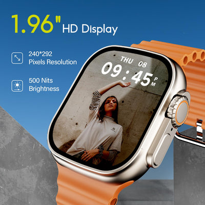 boAt Wave Elevate Smart Watch with 1.96" Display, BT Calling, Functional Crown, AI Voice Assistant, Built-in Game, HR & SPO2 Monitoring and Stress Monitoring, IP67(Royal Orange)