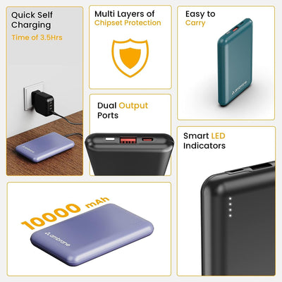 Ambrane 10000mAh Slimmest & Compact (Pocket/Bag Friendly) Powerbank, 22.5W Fast Charging, USB & Type C Output, Power Delivery, Quick Charge for iPhone, Android & Other Devices (Powerlit, Black)